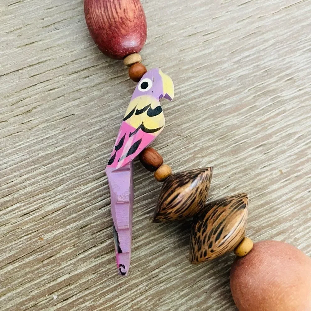 Wood Bead Carved Parrot Statement Necklace